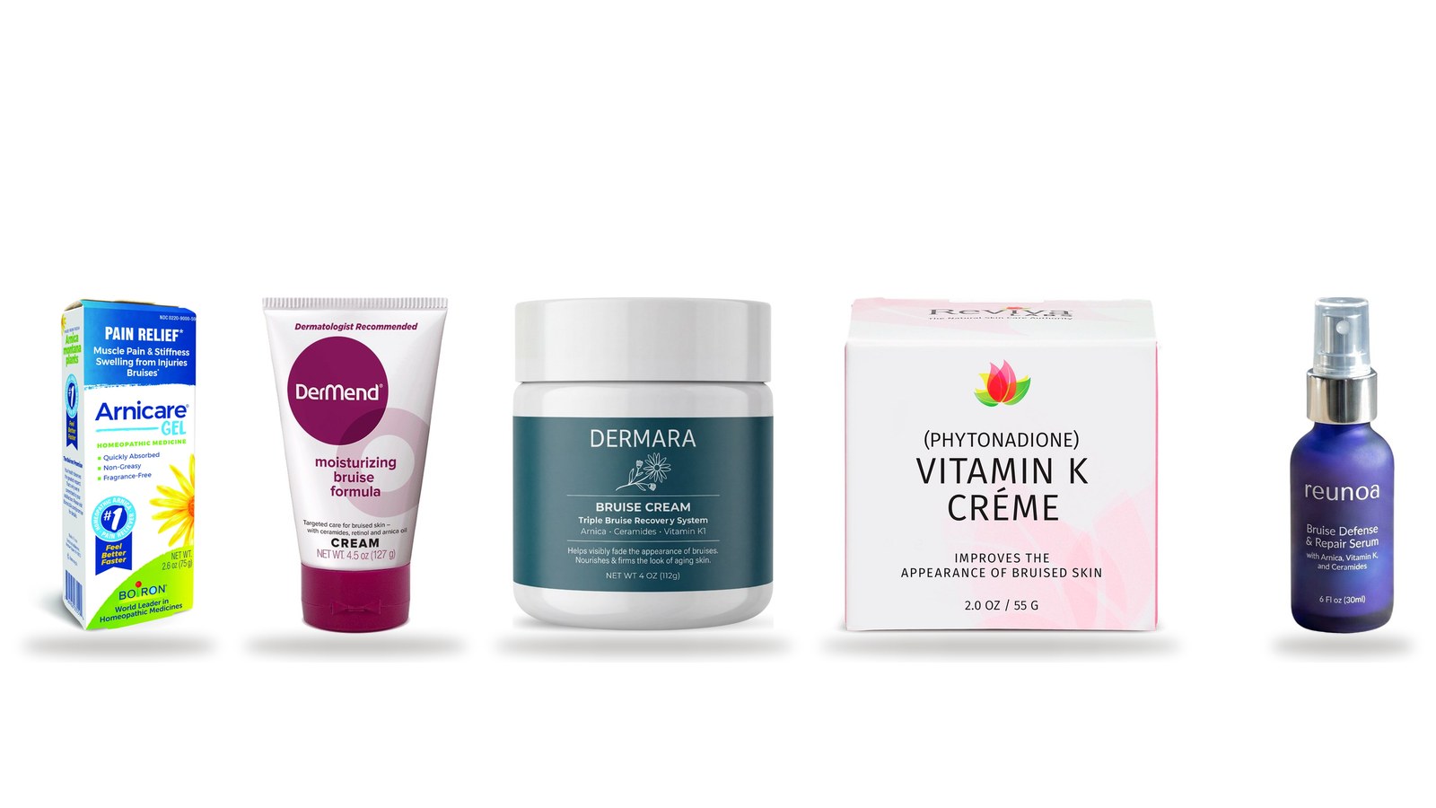 The five products we tested, left to right: Boiron Arnicare gel, DerMend bruise formula cream, Dermara bruise cream, Reviva vitamin K creme, and the Reunoa Bruise Defense and Repair Serum pump bottle