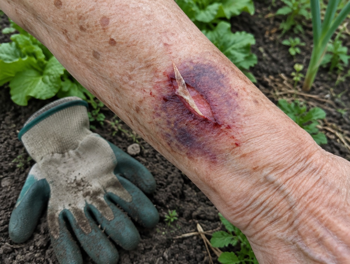 Older forearm with a small skin tear where the top layer of skin has lifted, surrounded by a purple bruise