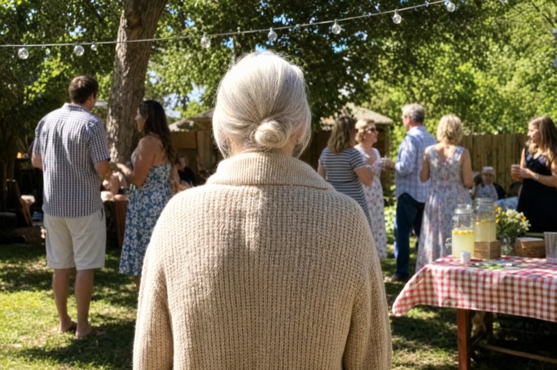 Older woman seen from behind in a sleeveless blouse at an outdoor garden gathering